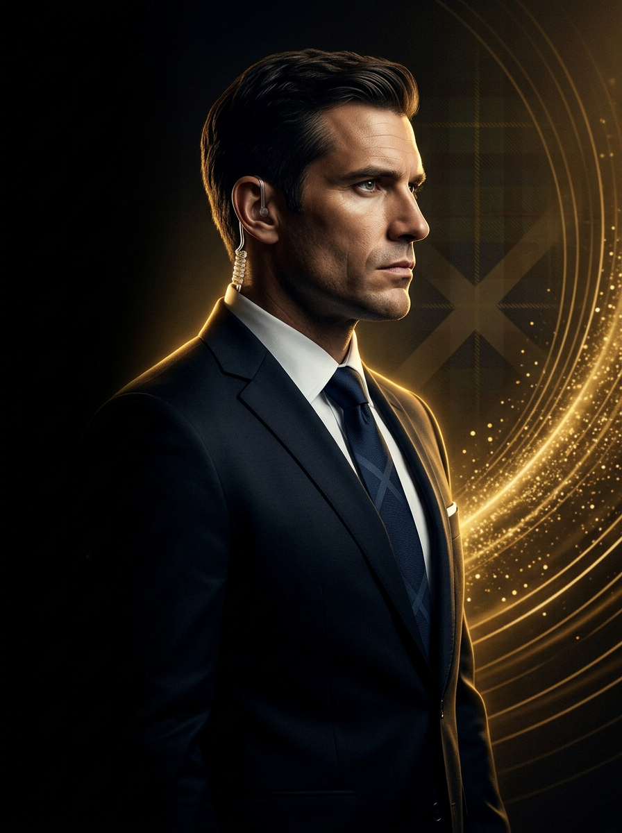 SIA-licensed close protection officer in profile, lit by warm gold rim light against deep navy